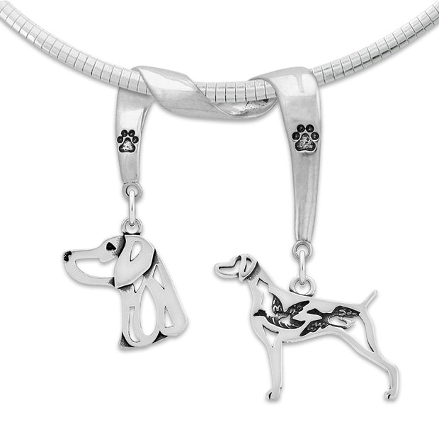 Weimaraner Necklace Head and Body Designs on Paw Print Charm Holder in Sterling Silver on Omega Chain.
