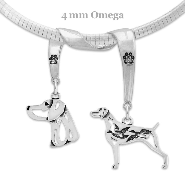 Weimaraner Necklace Head and Body Designs on Paw Print Charm Holder in Sterling Silver on Omega Chain.