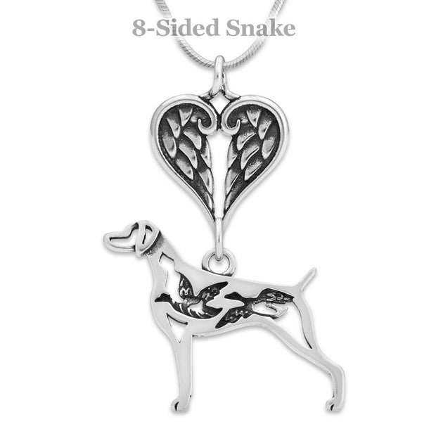 Weimaraner Sympathy Gift Necklace with Heart Shaped Angel Wing Pendant in Sterling Silver on Snake Chain.