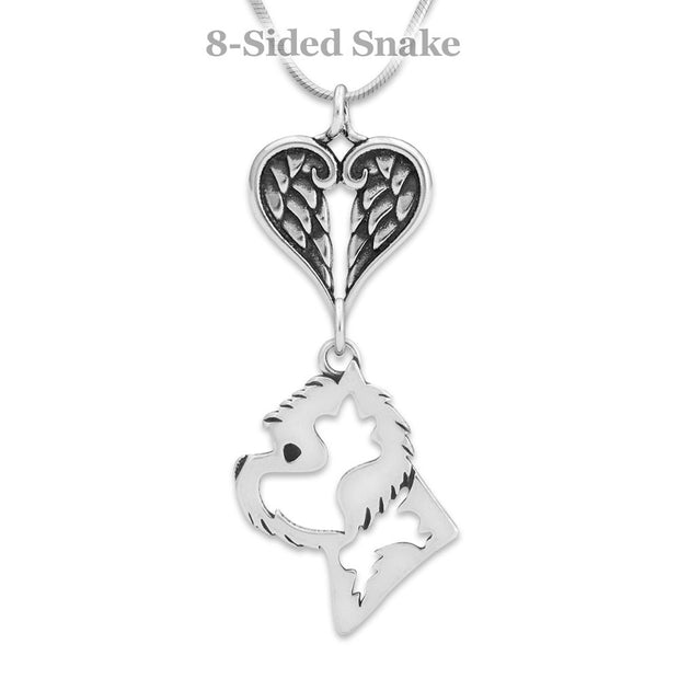 West Highland Terrier Sympathy Gift Necklace with Heart Shaped Angel Wing Pendant in Sterling Silver on Snake Chain.