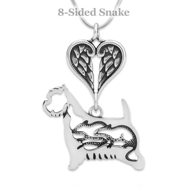 West Highland Terrier Sympathy Gift Necklace with Heart Shaped Angel Wing Pendant in Sterling Silver on Snake Chain.