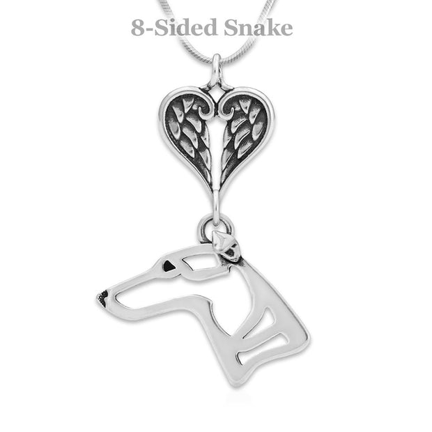 Whippet Sympathy Gift Necklace with Heart Shaped Angel Wing Pendant in Sterling Silver on Snake Chain.