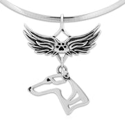 Whippet Pet Loss Necklace with Angel Wing Charm Holder with Paw Print in Sterling Silver on Omega Chain.