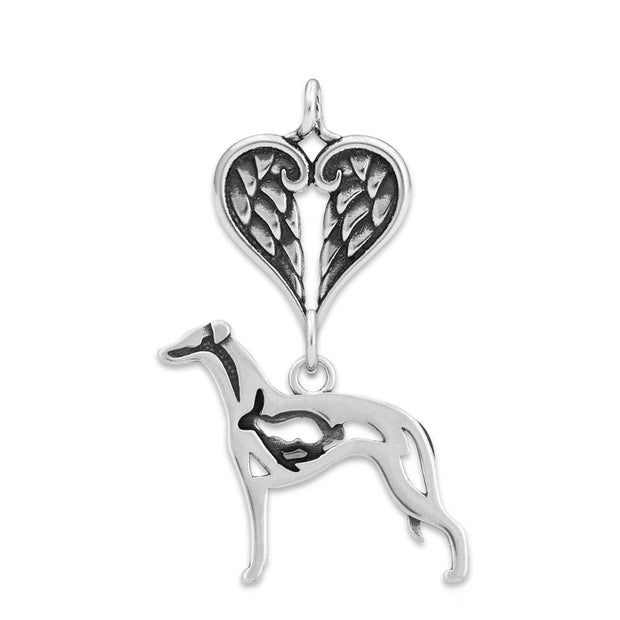 Whippet Sympathy Gift Pendant with Heart Shaped Angel Wing Pendant in Sterling Silver.