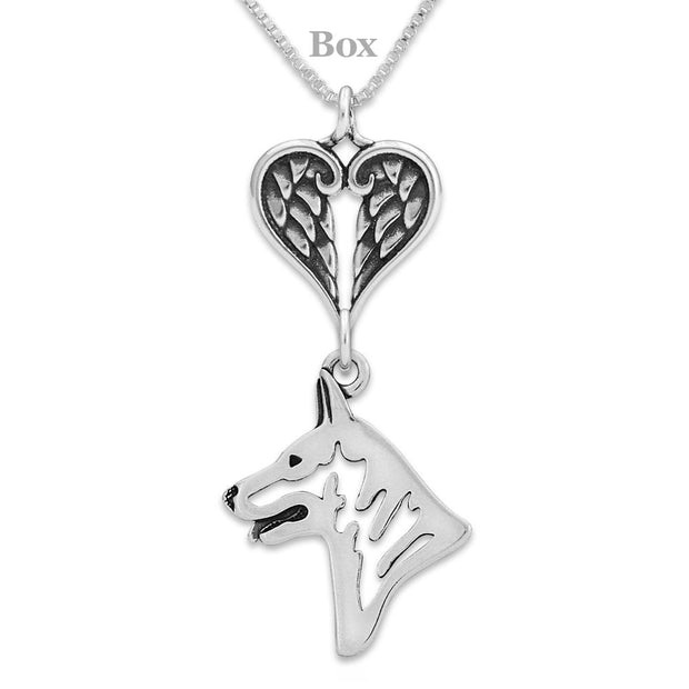 White Shepherd Sympathy Gift Necklace with Heart Shaped Angel Wing Pendant in Sterling Silver on Box Chain.