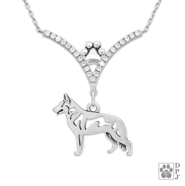 White Shepherd Necklace Body Design in V-Shaped Cubic Zirconia and Sterling Silver Chain with Pawprint.