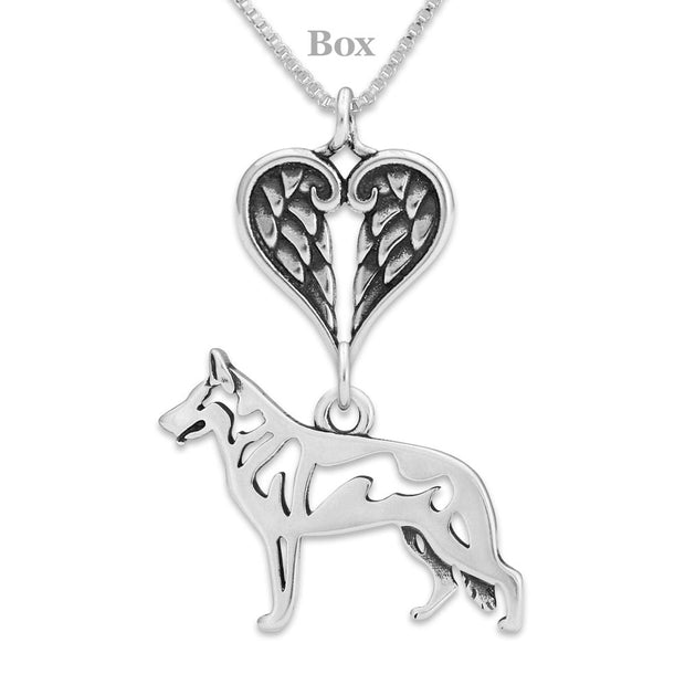 White Shepherd Sympathy Gift Necklace with Heart Shaped Angel Wing Pendant in Sterling Silver on Box Chain.