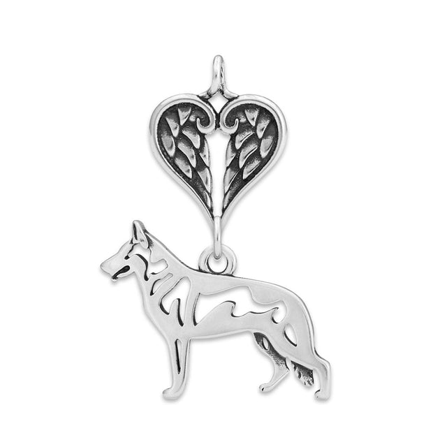 White Shepherd Sympathy Gift Pendant with Heart Shaped Angel Wing Pendant in Sterling Silver.