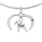 Wire Fox Terrier Necklace with Open Heart Charm Holder with Paw Print in Sterling Silver on Omega Chain.