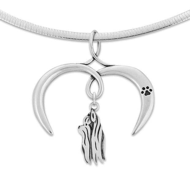 Yorkshire Terrier Necklace with Open Heart Charm Holder with Paw Print in Sterling Silver on Omega Chain.