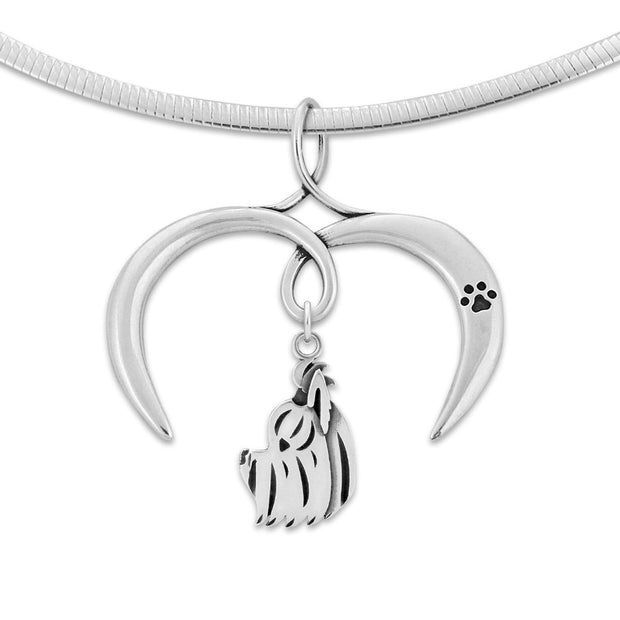 Yorkshire Terrier Necklace with Open Heart Charm Holder with Paw Print in Sterling Silver on Omega Chain.