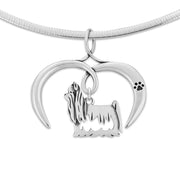 Yorkshire Terrier Necklace with Open Heart Charm Holder with Paw Print in Sterling Silver on Omega Chain.