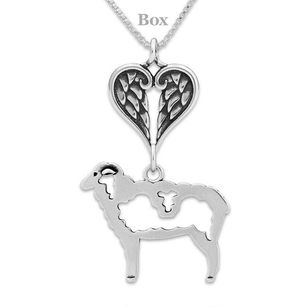 Sheep Sympathy Gift Necklace with Heart Shaped Angel Wing Pendant in Sterling Silver on Box Chain.