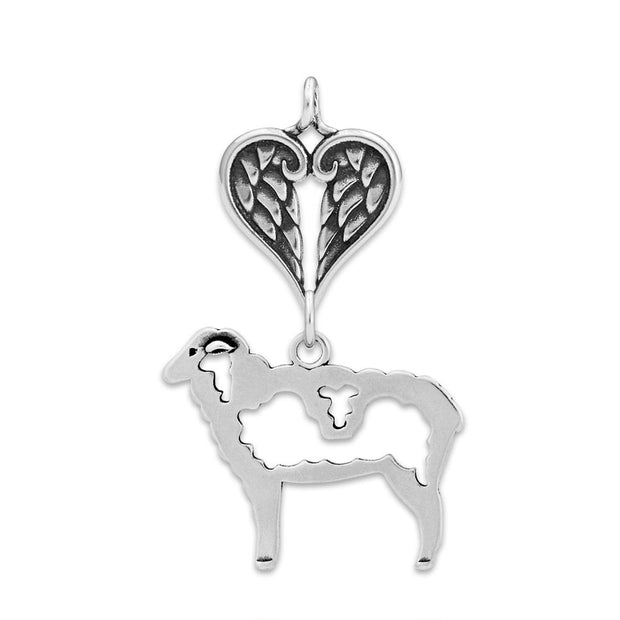Sheep Sympathy Gift Pendant with Heart Shaped Angel Wing Pendant in Sterling Silver.
