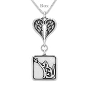 Cat with Bird Sympathy Gift Necklace with Heart Shaped Angel Wing Pendant in Sterling Silver on Box Chain.