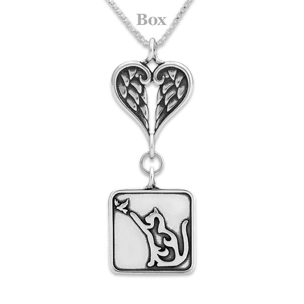 Cat with Bird Sympathy Gift Necklace with Heart Shaped Angel Wing Pendant in Sterling Silver on Box Chain.