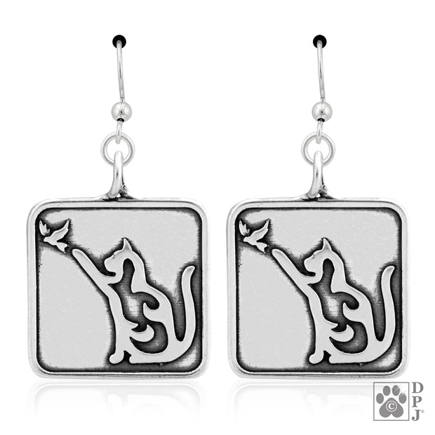 Sterling Silver Cat with Bird Earrings