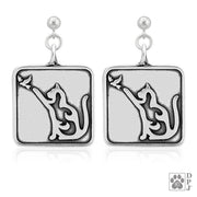 Sterling Silver Cat with Bird Earrings