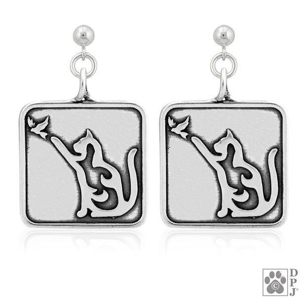 Sterling Silver Cat with Bird Earrings