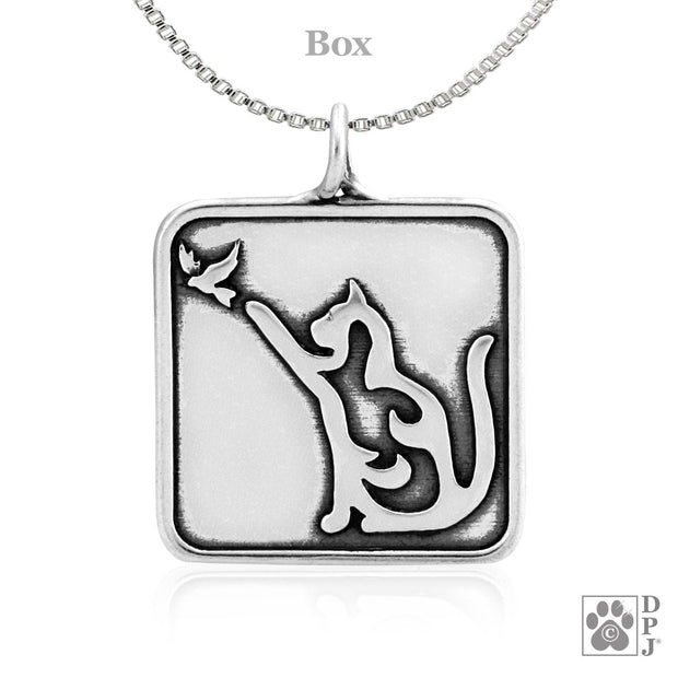 Sterling Silver Cat with Bird Necklace