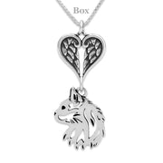 Cat Sympathy Gift Necklace with Heart Shaped Angel Wing Pendant in Sterling Silver on Box Chain.