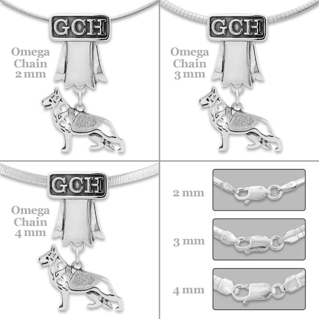German Shepherd pendant necklace with GCH ribbon pendant and Omega chain options on a white background