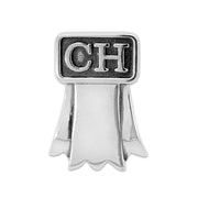 Silver charm with 'CH' letters on a white background