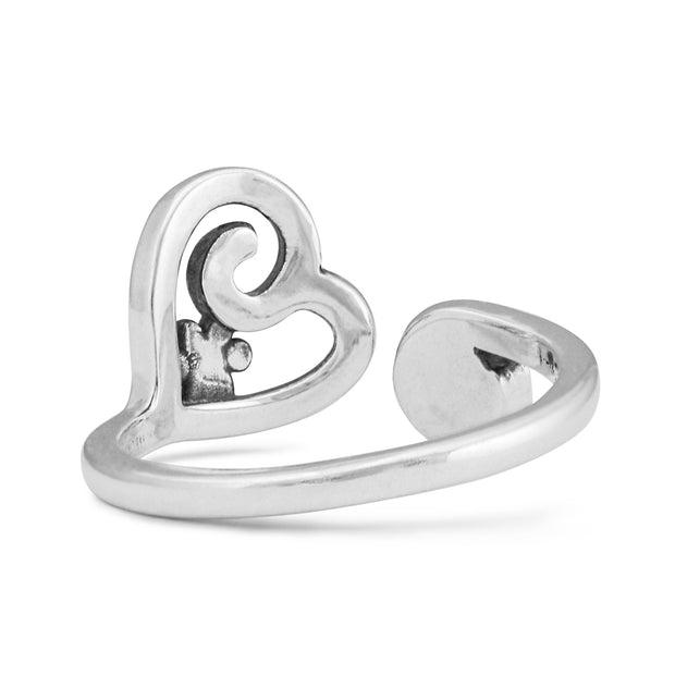 Heart with Paw Print Adjustable Ring with Crystal in Sterling Silver Back Side View.