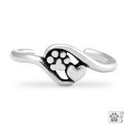 Paw Print and Heart Toe Ring, Sterling Silver Close To My Heart