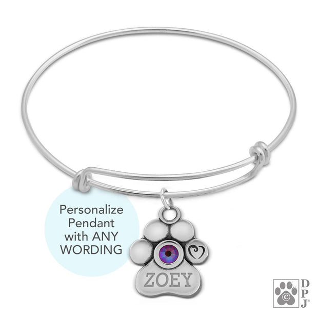 Personalized Crystal Paw Print Bracelet, Sterling Silver Adjustable Unconditional Love Bracelet
