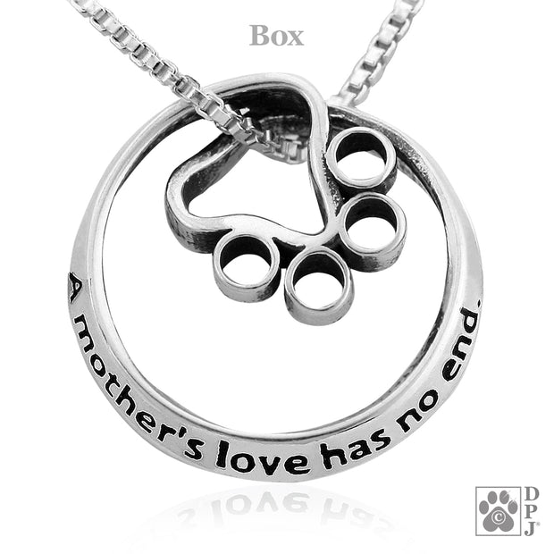 Paw print pendant on chain,  Animal paw necklace jewelry with wording "A mother's love has not end"