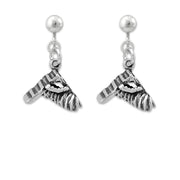 A pair of sterling silver drop earrings shaped like an agility A-Frame and tunnel equipment used in dog sports.
