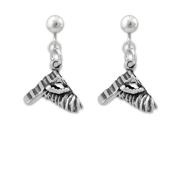 A pair of sterling silver drop earrings shaped like an agility A-Frame and tunnel equipment used in dog sports.