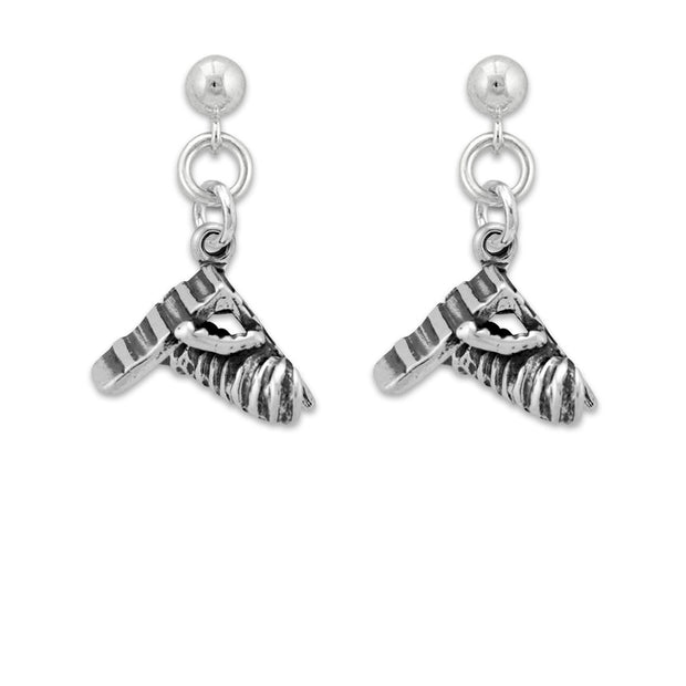 A pair of sterling silver drop earrings shaped like an agility A-Frame and tunnel equipment used in dog sports.