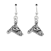 A pair of sterling silver drop earrings shaped like an agility A-Frame and tunnel equipment used in dog sports.