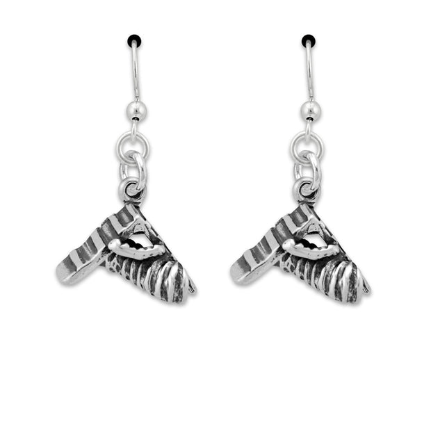A pair of sterling silver drop earrings shaped like an agility A-Frame and tunnel equipment used in dog sports.