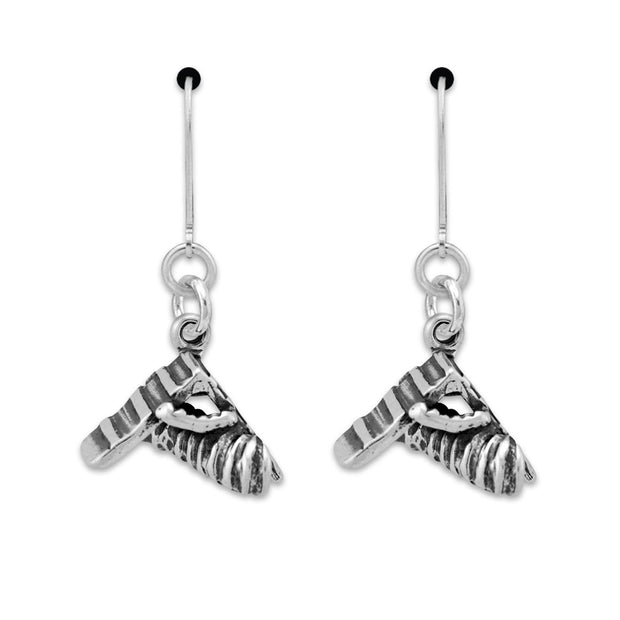 A pair of sterling silver drop earrings shaped like an agility A-Frame and tunnel equipment used in dog sports.