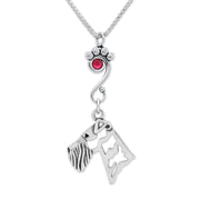 Airedale Terrier Necklace Head Design with Ruby Crystal in Sterling Silver on Box Chain.