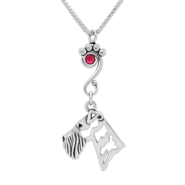 Airedale Terrier Necklace Head Design with Ruby Crystal in Sterling Silver on Box Chain.