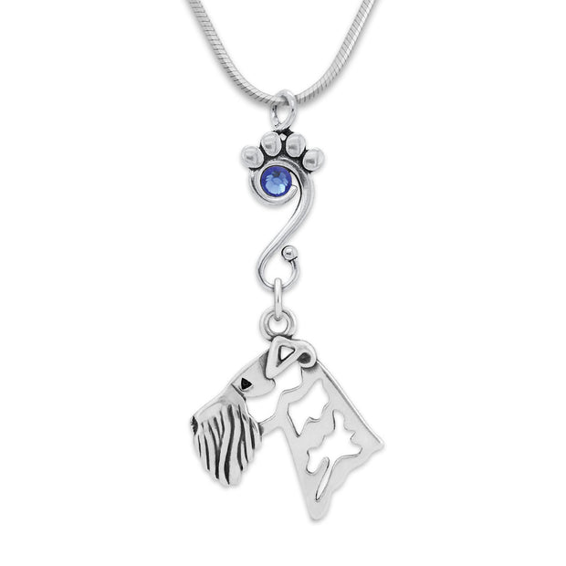 Airedale Terrier Necklace Head Design with Sapphire Crystal in Sterling Silver on Snake Chain.