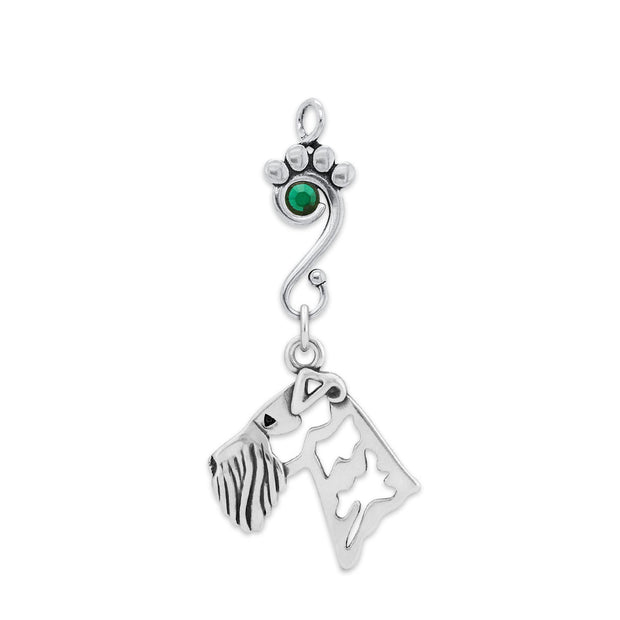 Airedale Terrier Pendant Head Design with Emerald Crystal in Sterling Silver.