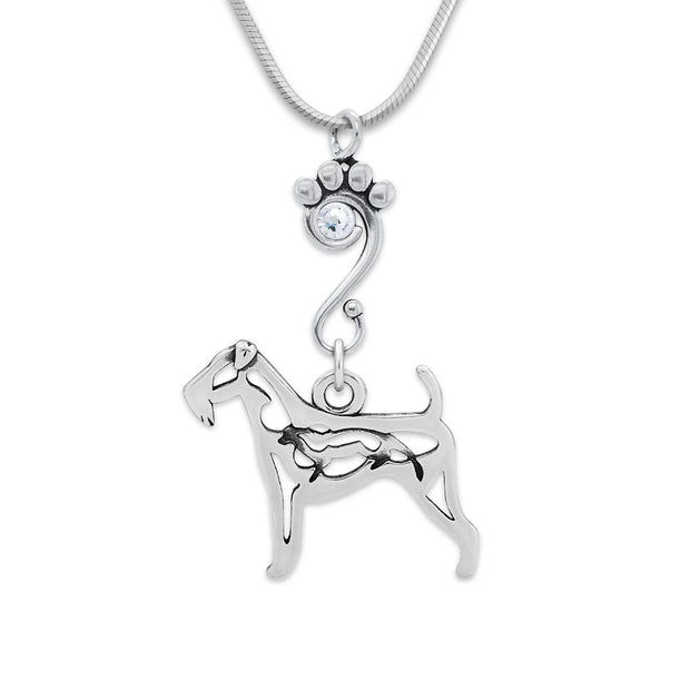 Airedale Terrier Necklace Body Design with Otter with Crystal in Sterling Silver on Snake Chain.
