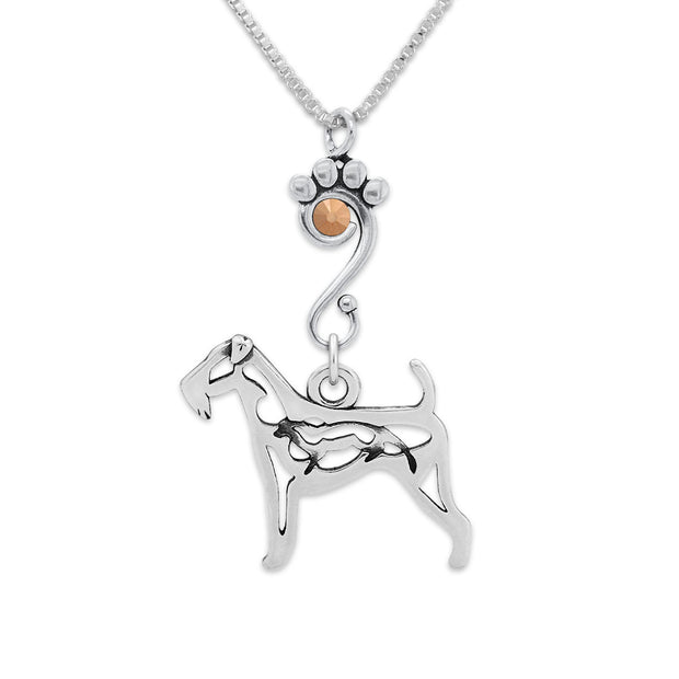 Airedale Terrier Necklace Body Design with Otter with Rose Gold Crystal in Sterling Silver on Box Chain.