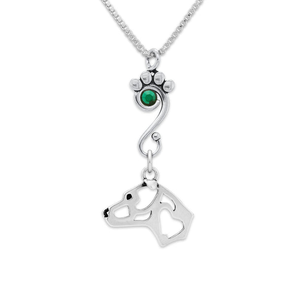 American Staffordshire Terrier Necklace Head Design with Emerald Crystal in Sterling Silver on Box Chain.