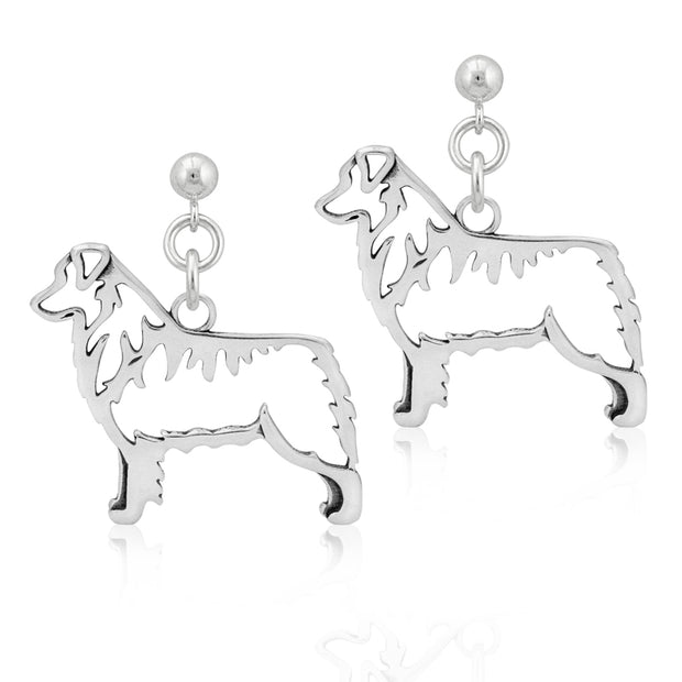 Australian Shepherd earrings in sterling silver on dangle posts, Handcrafted Australian Shepherd jewelry 