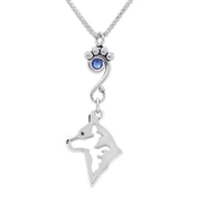 Australian Cattle Dog Necklace Head Design with Sapphire Crystal in Sterling Silver on Box Chain.