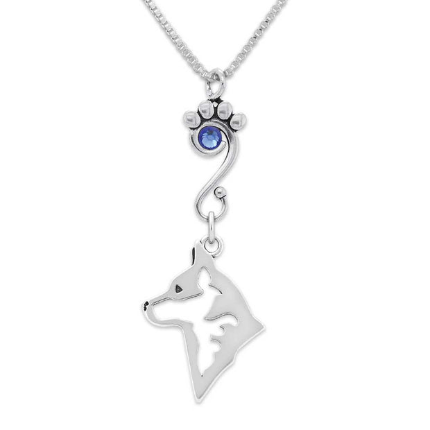Australian Cattle Dog Necklace Head Design with Sapphire Crystal in Sterling Silver on Box Chain.
