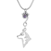 Australian Cattle Dog Necklace Head Design with Tanzanite Crystal in Sterling Silver on Snake Chain.