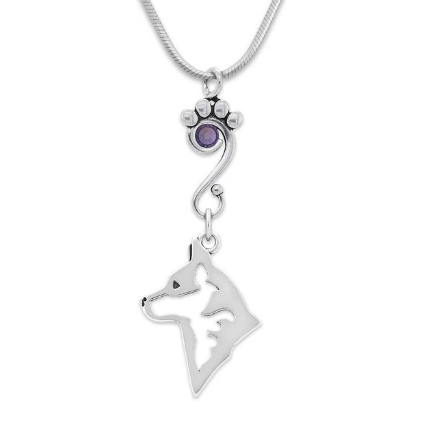 Australian Cattle Dog Necklace Head Design with Tanzanite Crystal in Sterling Silver on Snake Chain.
