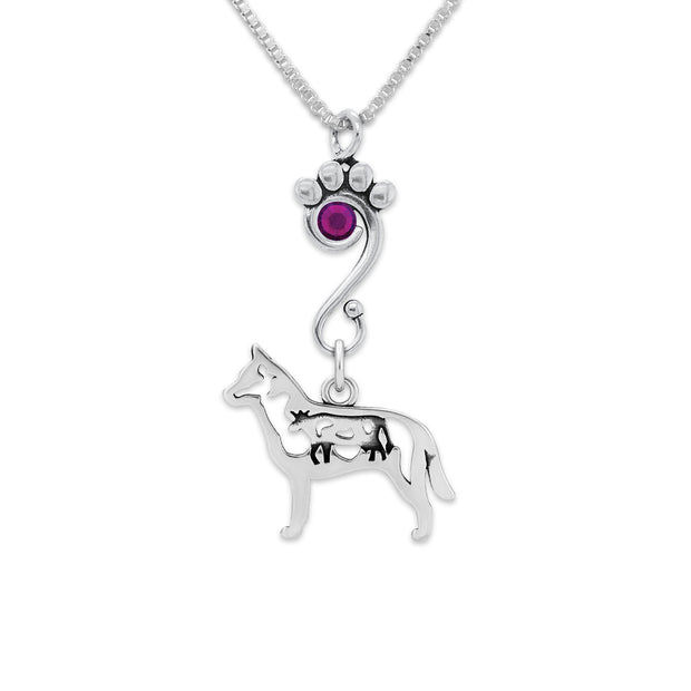 Australian Cattle Dog Necklace Body Design with Cow with Amethyst Crystal in Sterling Silver on Box Chain.